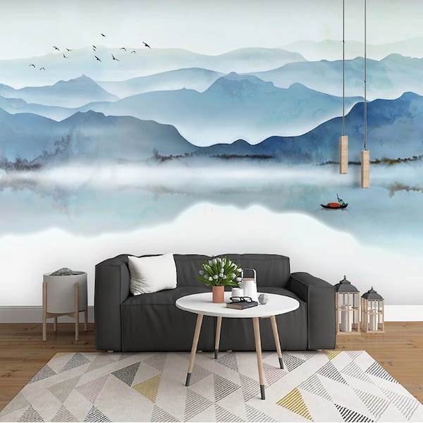 Abstract Watercolor Mountain Wall Mural: Peel and Stick Fabric
