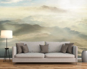 Fabric Peel and Stick Removable Mountain fog view wallpaper wall mural can customized,Home Decor Printable Wall Art Room Decor