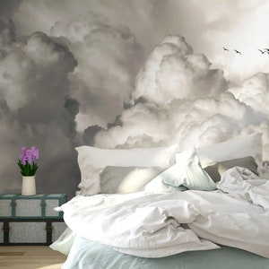 Fabric Peel and Stick Removable Vintage Style white cloud flying bird wall mural, Re-positionable, Reusable