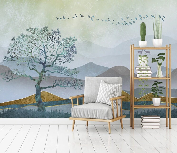 Mountain Landscape Wallpaper Mural: Peel and Stick Fabric Wall Art - Etsy