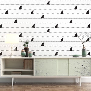 Fabric Peel and Stick  Removable Shark fin dolphin whale fish scarf isolated whale ocean sea repeat wallpaper tile background cartoon doodle