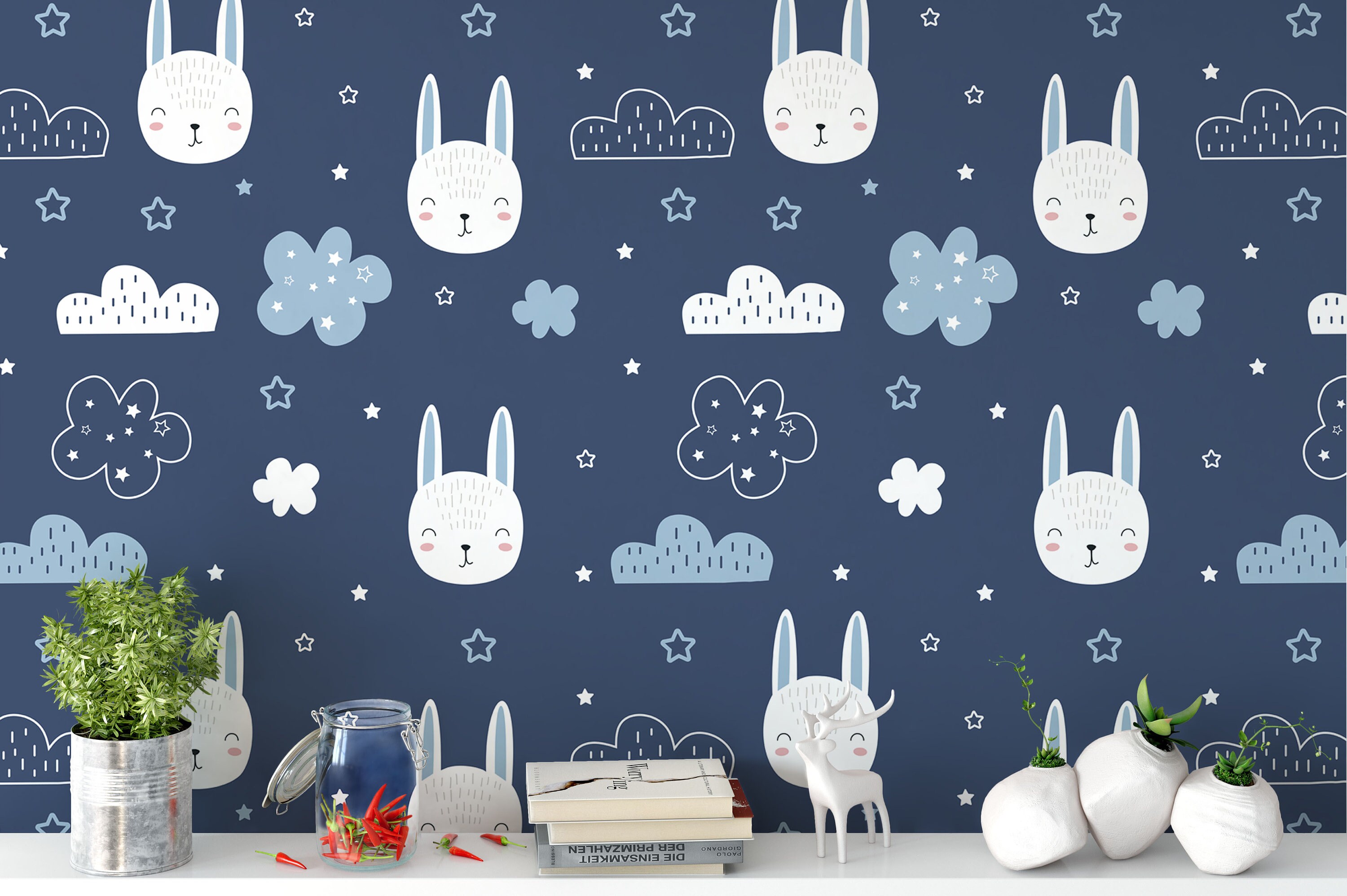 Fabric Peel and Stick Removable Eco Blue Bunny wallpaper wall | Etsy