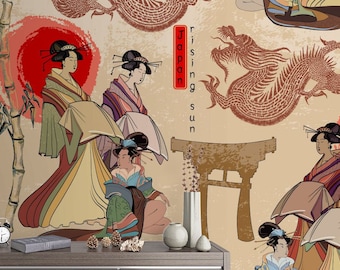 Geisha and Dragons Wallpaper Mural: Japanese Culture Peel and Stick