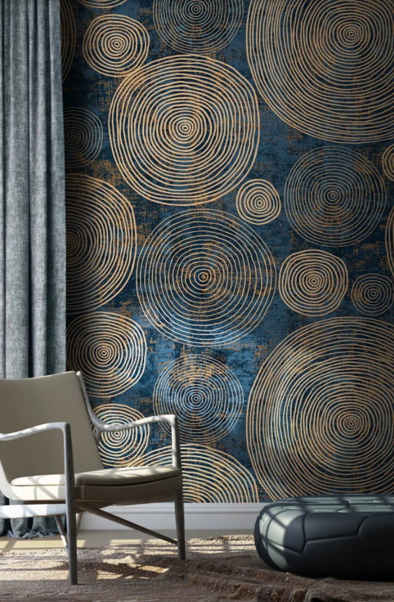 Navy Gold Circles Wallpaper, Abstract Geometric Wall Mural, Luxury ...