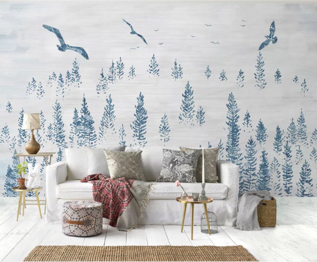 Birds and Forest Mural: Hand-drawn Peel and Stick Wallpaper - Etsy