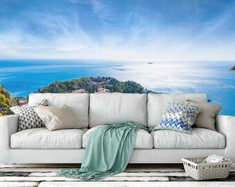 Fabric Peel and Stick RemovableBright sun in blue sky, azure sea and green tropical plants wallpaper wall mural