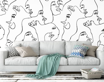 Continuous Line Face Wallpaper: Modern Peel and Stick Wall Mural