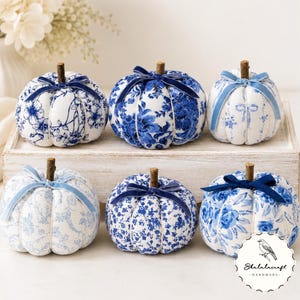 Blue White Chinoiserie Fabric Pumpkin, Velvet Bow Fall Decor, Cottagecore Shelf Accent