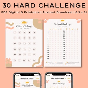 Op de afbeelding: Een printbare 30-daagse challenge tracker met een perzikkleurige achtergrond en een zon-afbeelding. De tracker heeft twee secties: een dagelijkse tracker met de nummers 1-30 en een taaktracker met 15 taken om elke dag te voltooien.