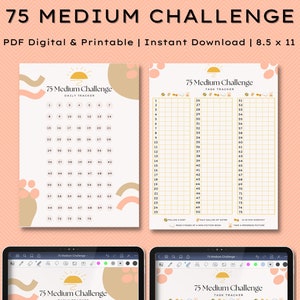 Könnte beinhalten: Zwei druckbare digitale Tracker für eine 75-Tage-Herausforderung. Der erste Tracker ist ein Tages-Tracker mit einem Sonnen- und Pfotenabdruck-Design. Der zweite Tracker ist ein Aufgaben-Tracker mit einem Sonnen- und Pfotenabdruck-Design. Beide Tracker befinden sich auf einem hellrosa Hintergrund.