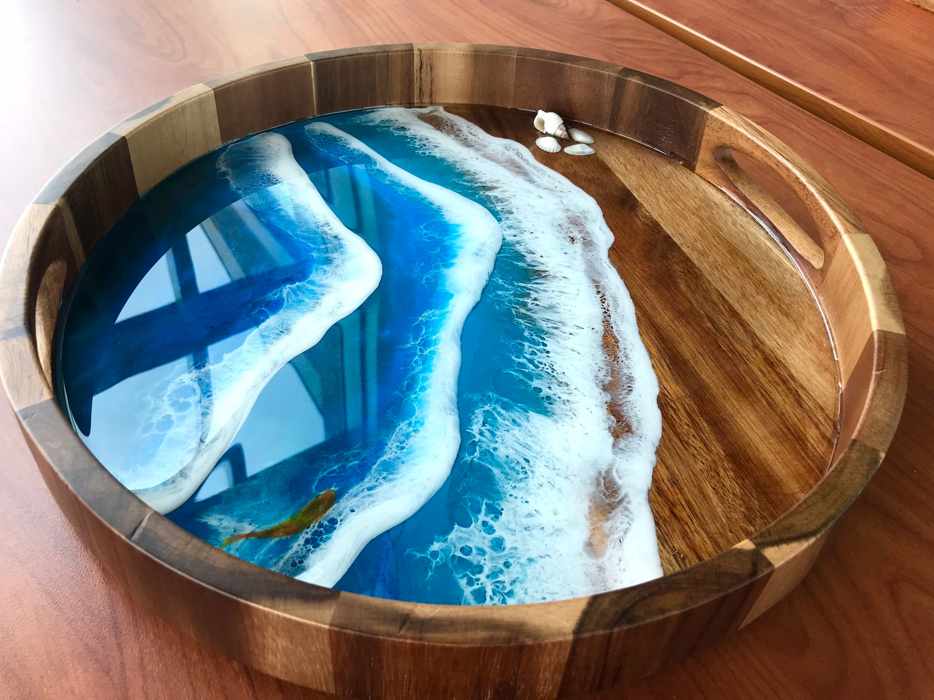 Gold resin art serving tray deep blue ocean waves 38cm