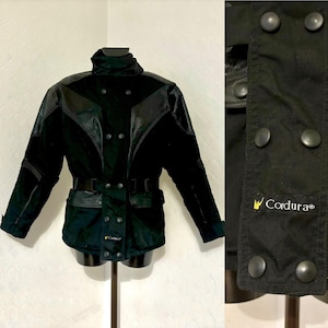 Chaqueta de motociclista de cordura negra para mujer, chaqueta larga de cuero genuino para motorista, cuello alto, impermeable, para todas las estaciones, talla S/38