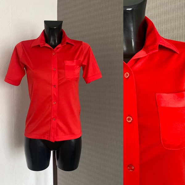 90s Vintage Red Elastic Top Blouse Short Sleeves Button Up Blouse Back To School Collared Bright Shirt Fitted Tank Top Blouse Size S/M