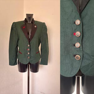 Green Women&#39;s Linen Blazer German Dirndl Tyrolean Cardigan Loden Bavarian Festival Austrian Trachten Folk Jacket Sounds of Music Size M/L