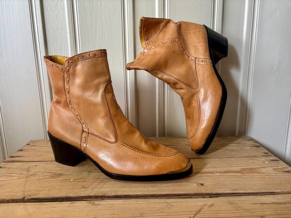 New Mens Ankle Heel Boots Beige Leather Western Boots Leather Boots Cowboys Booties Gentleman Leather Sand Braided Boots Made in Italy EU 44