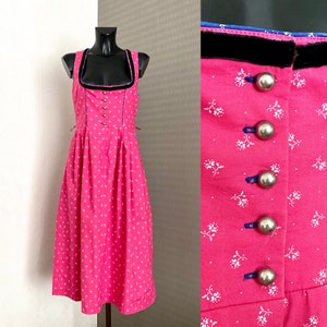 Dirndl Pink Dress Loden Alpen Austrian Dirndl Silver Button White Floral Dress Bavarian Folk National Costume Sleeveless Oktoberfest Size M