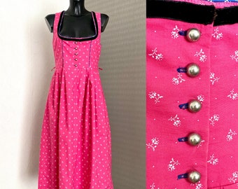 Dirndl Pink Dress Loden Alpen Austrian Dirndl Silver Button White Floral Dress Bavarian Folk National Costume Sleeveless Oktoberfest Size M