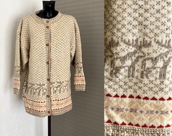 Beige Women's Knitted Jacket Warm Winter Cardigan Elk Pattern Long Sleeve Deer Print Long Jacket Festival Cardigan Gift to Mom Size L/XL
