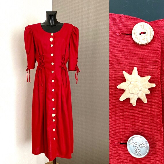 Dirndl Dress Red Button up Loden Alpen Austrian Di