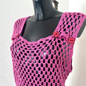 Vtg 90's Crochet Pink Top Festival Transporent Knitted Strap Sleeveless Crocheted Top Boho Midi Hole Hand Made Blouse Check Top Size L image 4