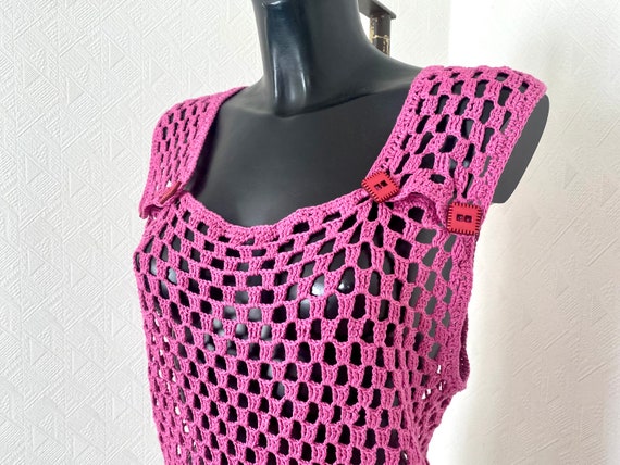 Vtg 90's Crochet Pink Top Festival Transporent Kn… - image 4