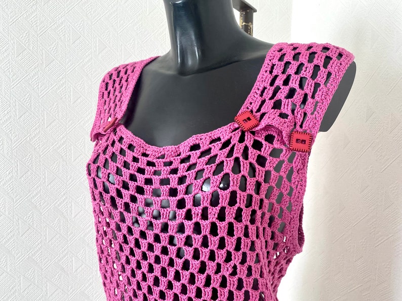 Vtg 90's Crochet Pink Top Festival Transporent Knitted Strap Sleeveless Crocheted Top Boho Midi Hole Hand Made Blouse Check Top Size L image 4