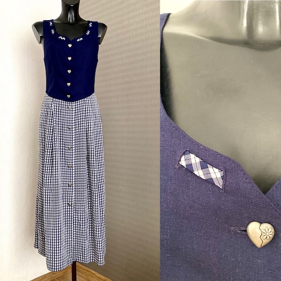 Dirndl Dress Blue Plaid Button up Loden Sleeveless