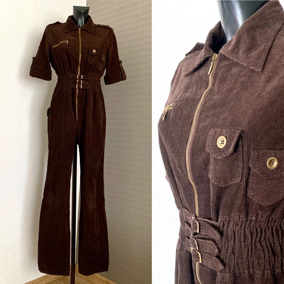 Vtg Women's Jumpsuit Brown Velvet Romper Maxi Vint