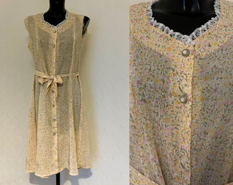 Women's Summer Light Dress Yellow Summer Flower Print Vintage Transparent Dress Sleeveless Summer Beach Button up Lace Collar Dress Size M