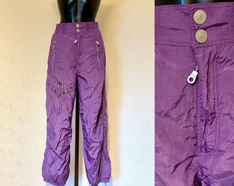 Vintage 80s High Waist Ski Purple Pants Hipster Embroidered Snowsuit Winter Unisex Wear Snow Gear Warm Pants Snowboard  Old School Size M/L