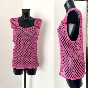 Vtg 90's Crochet Pink Top Festival Transporent Knitted Strap Sleeveless Crocheted Top Boho Midi Hole Hand Made Blouse Check Top Size L image 1