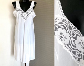 Vintage White Under Silk Dress Sleeveless Background Lace Lingerie Retro Combinette Brand Combination Women's 80's Underwear Vtg Size L/XL