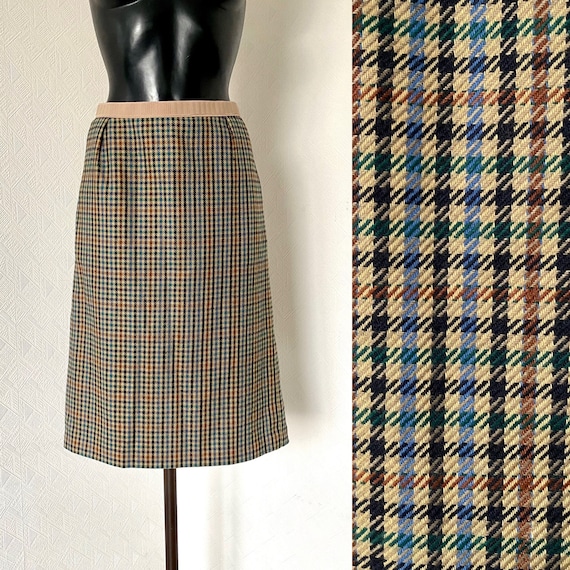 70's Vintage Pencil Colorful Beige Checkered Wool… - image 1