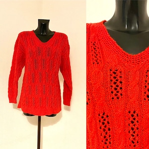 90's Vintage V Escote Suave Rojo Mujer Jersey de punto Crochet Agujero Suéter Mangas largas Brillante Cálido Jersey de punto Invierno Talla M / L