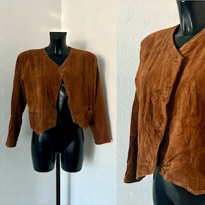 Veste en cuir marron hipster des années 90 pour femme, veste en cuir suédée courte, gilet court des années 90, style streetwear en cuir vintage, veste bohème bohème taille M