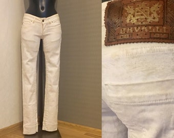 Vintage Just CAVALLI Designer Jeans White Beige Toile Print Jeans 90s Made in Italy Trousers Leather Patch Size 24/38 Vintage Clothing