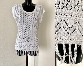 90's Vtg Crochet White Fringed Boho Top Knitted Tank Top Vest Bohemian Transparent Blouse Sleeveless Pullover Long Sweater Fringe Top Size M