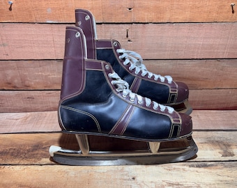 Pattini da hockey vintage anni '80 Canadian Pro Champion in pelle marrone, pattini da ghiaccio retrò da uomo in pelle nera, taglia sportiva EU 44/US 10, lama 33 cm
