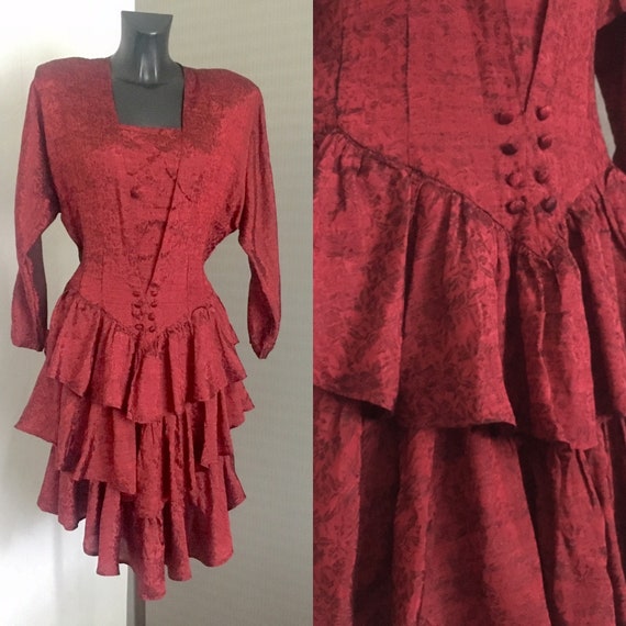 80s Vintage Red Prom Dress Retro Party Bordo Frill