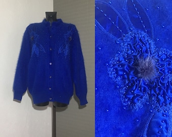 80s Soft Mohair Blue Womens Jacket Warm Button up Fluffy Long Jacket Embroidered Flower With Pearls Winter Feathered Hight Neckline Size XL