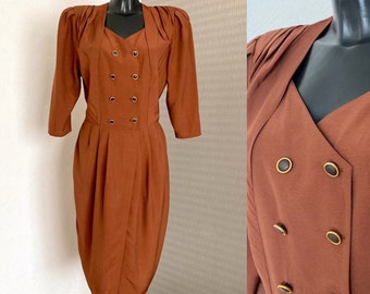 VTG 80s Puff Brown Prom Dress Balloon Dress 1980s Vintage Style Boho Romantic Dress Puff Sleeves Padded Formal Dress Elastic Waist Size M