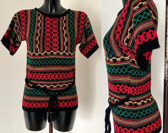 1980er Vintage Strick Rundhals Damen Pullover Top Bunt Kurzärmelig Gestreift Colorblock Top Pullover Pullover Strick Top Gr. S/M