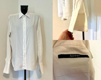 Men's Gucci White Shirt Extra Long Sleeves Men's Top White Shirt Button Up Western Chemise Shirt  Made in Italy Cotton Silk Size 44