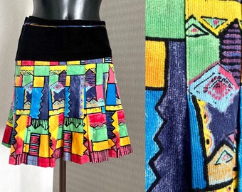 Vintage 90s Velvet Skirt Mini Pleated Abstract Bright Color Accordion Hip Pleated Skirt Back to School Preppy Black Skirt Size M/L