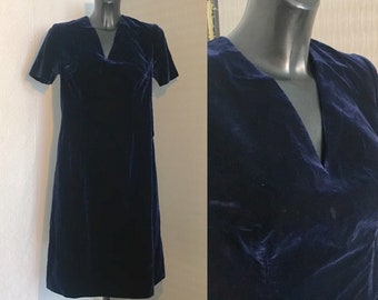 70-80s vintage Ci-dessous La robe du genou à la main Made Romantic Velvet Navy Blue vintage Boho Boho Evening Tea V Neck Dress T Dress Size S