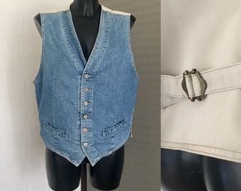 Vest Denim Vest Blue Denim Beige Back Side Unisex V Neckline Vest Waistcoat Country Western Cowboy Boho Sleeveless Denim Jacket  Size S/M