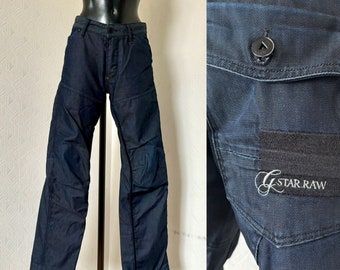 Vintage G STAR RAW 90s Brand Dark Blue Men's Mid Waist Jeans Denim Biker Straight Legs Student Sexy Motorbiker Denim Waist 31 Length 32/M