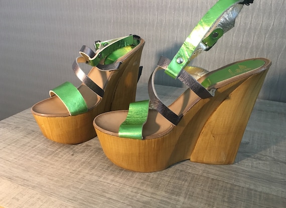 選ぶなら Extreme Vintage 90s Green Platform Hight Wood Leather New 靴