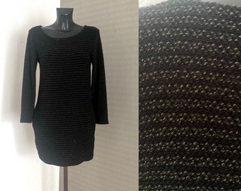 Vtg 1990s Knit Black Tunic Jumper Dress Festival Striped Knitted A-line Long Sleeves Tunic Boho Mini Warm Sweater Dress Size M