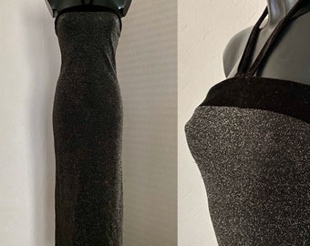 Evening Cocktail Dress 90&#39;s Black Silver Metalic Dress Velvet Sleeveless Sexy Open Back Dress Made in France Ball Gown Party Dress Size M